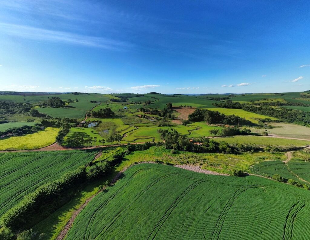Vista aérea de campos agrícolas no interior do Brasil